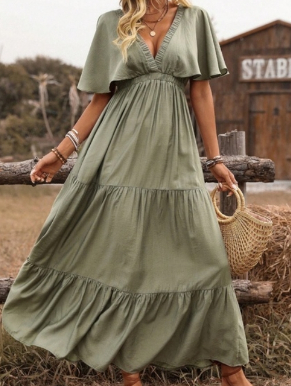 Women's Maxi Dress in Sage Green - Flowy V-Neck Design